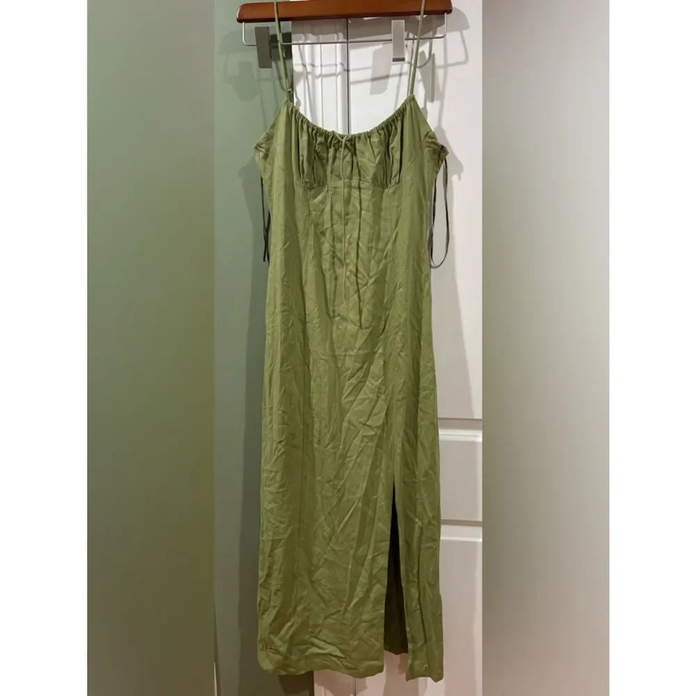 Zara Light Olive Green Ribbed Midi Dress with Side Slit